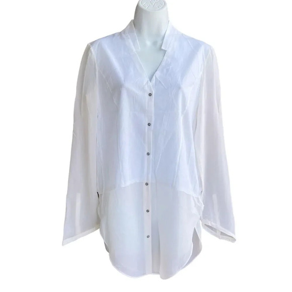Helmut Lang Tunic Top Sheer Hem ivory White Lawn Cotton Silk Blouse Size S - Picture 2 of 5